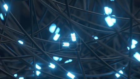 Fils enchevêtrés avec des lumières bleues éclatantes, créant un réseau complexe.