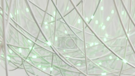 Interwoven white wires with soft green highlights in a chaotic network.