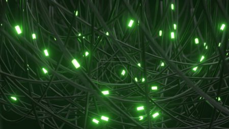 Foto de Red de alambres enredados con nodos verdes brillantes, lo que sugiere un sistema digital complejo. - Imagen libre de derechos