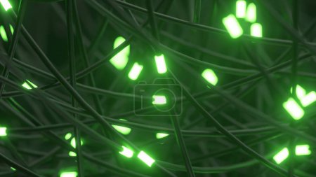 Netzwerk aus verworrenen Drähten mit leuchtend grünen Knoten, was auf ein komplexes digitales System hindeutet.