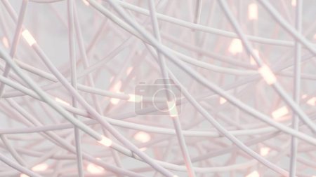 Foto de Alambres blancos suaves entrelazados con sutiles luces rosadas, creando una red serena y de alta tecnología. - Imagen libre de derechos