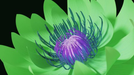 Téléchargez les photos : Composition florale rendue en 3D avec un filament violet vibrant central entouré de pétales verts doux, sur fond noir, mettant en valeur un mélange d'art naturel et numérique - en image libre de droit