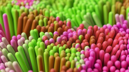 Farbenfrohe 3D-Visualisierung einer Reihe weicher zylindrischer Formen in einem sanften Verlauf von grün nach rosa, die ein spielerisches und helles visuelles Erlebnis bietet