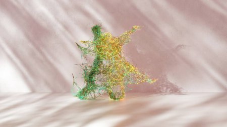 Atemberaubende 3D-Darstellung einer dynamischen menschlichen Figur, die aus leuchtenden gelben und grünen Partikeln besteht, vor einem sanften rosa Hintergrund