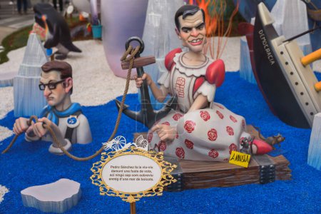 Photo for Valencia, Spain - March 17, 2024: Traditional ninot figures of Pedro Sanchez y Alberto Nunez Feijoo Spanish politicians that will be burned at the end of the Fallas festival of Valencia, Spain. - Royalty Free Image