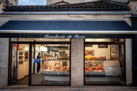 Photo for BORDEAUX, FRANCE - FEBRUARY 24, 2022: Facade of Boucherie de Paris, a typical French butcher shop selling meat and cured foods in the city of Bordeaux - Royalty Free Image