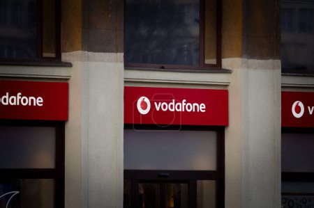 Photo for BUDAPEST HUNGARY - FEBRUARY 26, 2022: Vodafone logo on their budapest shop. Vodafone is a british phone carrier and internet service provider, one of main in Hungary - Royalty Free Image