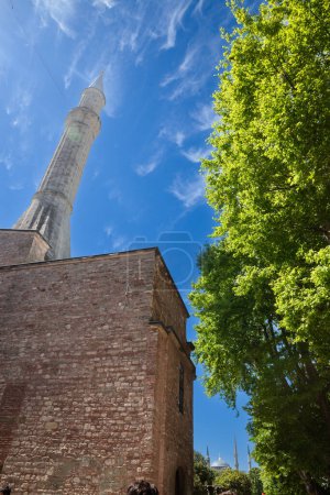 Photo for Detail of a Minaret of AyaSofya camii mosque, also called haghia Sophia, a former orthodox byzantine church converted into a mosque in Istanbul. - Royalty Free Image