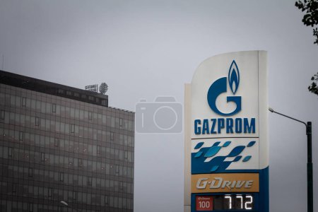 Photo for TIMISOARA, ROMANIA - SEPTEMBER 18, 2022: Gazprom logo on a gas station price sign of Timisoara indicating the oil prices. Gazprom is a russian producer and seller of oil and other petroleum products. - Royalty Free Image