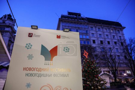 Photo for BELGRADE, SERBIA - JANUARY 15, 2022: Selective blur a sign promoting the new year festival organized by the government of moscow in belgrade, Serbia, where russian influence is important. - Royalty Free Image