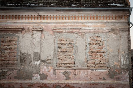 Téléchargez les photos : Façade d'une vieille maison de ferme abandonnée en alibunar, en Serbie avec des fenêtres condamnées, barricadées et briquées. Les Balkans, en Europe, sont frappés par un exode rural et l'émigration désertant la région. - en image libre de droit