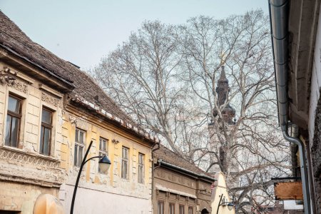 Foto de Panorama de la ciudad de Sremski Karlovci, en Vojvodina, Serbia, con una típica calle vintage con edificios austro-húngaros y la Iglesia Baja, o Donja Crkva Svetih Apostola petra i Pavla en el fondo. - Imagen libre de derechos