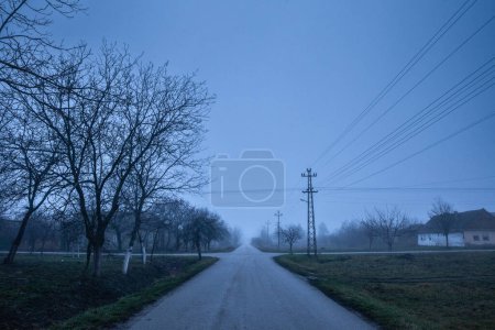 Téléchargez les photos : Flou sélectif sur une route et une rue vides dans le village de Vladimirovac en Voïvodine, Banat, Serbie, à la campagne, avec smog et brouillard lors d'une froide nuit glaciale d'hiver. - en image libre de droit