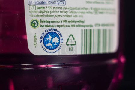 Photo for BRUSSELS, BELGIUM - MARCH 23, 2023: Selective blur on a cleanright label on an organic detergent bottle. Cleanright is a charter stating that chemicals used in cleaning products are sustainable. - Royalty Free Image