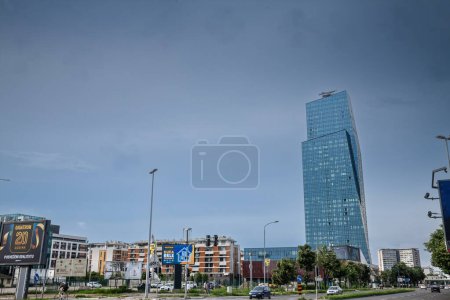 Photo for BELGRADE, SERBIA - JUNE 11, 2023: West 65 tower New Belgrade (Novi Beograd). It are a mixed used business high rise skyscraper, and a symbol and landmark of Belgrade, recently opened in the skyline. - Royalty Free Image