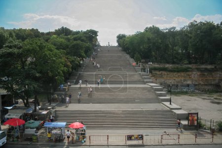Photo for ODESSA, UKRAINE - AUGUST 6, 2014: Selective blur on a panorama of Potemkin stairs. The Odessa stairs, that got pictured in the famous Soviet movie Potemkin, are a major landmark of this Ukrainian city. - Royalty Free Image