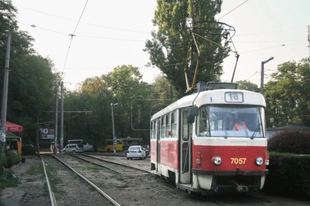 Photo for ODESSA, UKRAINE - AUGUST 7, 2014: Selective blur on a Tatra T3 tram waiting on its terminal station in odessa. This old czechoslovak tram is part of the odessa tram public transportation system. - Royalty Free Image