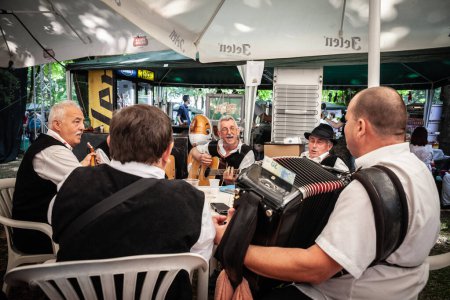 Foto de ERDEVIK, SERBIA - 3 DE JUNIO DE 2023: Músicos serbios, ancianos, ancianos, una banda de acordeonistas y otros instrumentos, tocando en Erdevik, durante un día de mercado. - Imagen libre de derechos