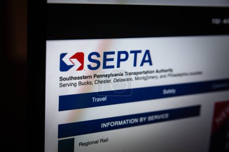 Photo for PHILADELPHIA, PENNSYLVANIA - APRIL 25 2023: Selective blur on SEPTA logo on screen of its website for schedules. Southern Pennsylvania transportation authority is transportation authority Philadelphia. - Royalty Free Image
