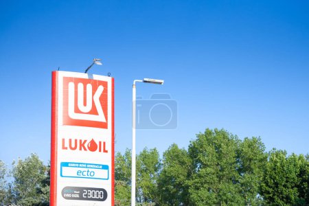 Photo for BELGRADE, SERBIA - AUGUST 23, 2022: Lukoil logo on a gas station in Serbia. Lukoil Corporation is the main Russian oil and gas producer, present in most of Eastern Europe. - Royalty Free Image