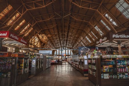 Photo for RIGA, LATVIA - AUGUST 23, 2023: Panorama of the main aisle of the meat pavilion of Centraltirgus, Riga Central market, a landmark and a symbol of latvian economy. - Royalty Free Image