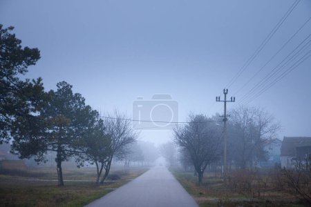 Téléchargez les photos : Flou sélectif sur une rue brumeuse vide et brumeuse dans le village de Vladimirovac en Voïvodine, Banat, Serbie, à la campagne, avec smog et brouillard lors d'une soirée froide et glacée au crépuscule d'hiver. - en image libre de droit