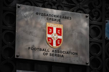 Photo for BELGRADE, SERBIA - APRIL 2, 2021: Logo of Fudbalski Savez Srbije on their main office. Also called Football association of Serbia, it's the official federation & governing body of Serbian football. - Royalty Free Image