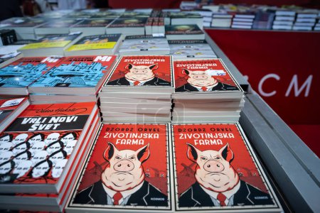 Photo for BELGRADE, SERBIA - OCTOBER 23, 2023: Selective blur on the covers of George Orwell Animal farm on the shelves of a bookstore of Belgrade. Animal farm is a political dystopian novel. - Royalty Free Image