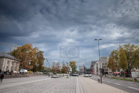 Photo for COLOGNE, GERMANY - NOVEMBER 12, 2022: Panoama of Koln Deutz, district of Cologne, with a focus on Opladener strasse street. Deutz is a district and neighborhood of Cologne, known for Messe settlement. - Royalty Free Image