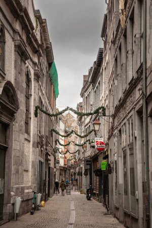 Photo for LIEGE, BELGIUM - NOVEMBER 9, 2022: Rue en neuvice, a pedestrian street of the city center of Liege, with facade of old buildings, residential and commercial buildings. - Royalty Free Image
