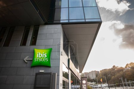 Photo for LIEGE, BELGIUM - NOVEMBER 9, 2022: Ibis styles logo in front of their hotel for Liege Center. Ibis styles is a brand of Ibis hotels, specialized in economy hotels belonging to French Accor Group - Royalty Free Image