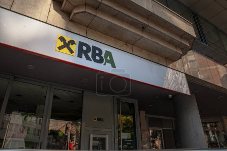 Photo for BELGRADE, SERBIA - APRIL 21, 2023: RBA Banka logo on their local office in Belgrade. RBA Banka was a commercial and retail bank, the result of Raiffeisen buying Credit Agricole Serbia. - Royalty Free Image