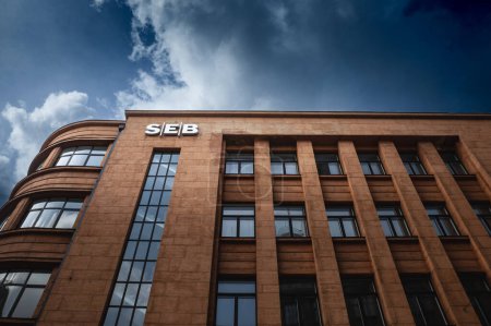 Photo for RIGA, LATVIA - AUGUST 21, 2023: SEB bank logo on their main office in Riga. SEB, or Skandinaviska Enskilda Banken is a Swedish retail banking institution spread in Baltic states. - Royalty Free Image