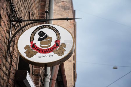 Photo for RIGA, LATVIA - AUGUST 25, 2023: Piebalgas Alus logo a bar retailer in Riga. Piebalga beer is a latvian beer produced in the city of the same name. - Royalty Free Image