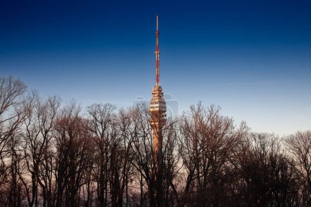 Photo for Selective blur on Avala tower, or Avala toranj, seen from below at dusk in front of a forest of trees in winter. It is a TV tower and broadcasting antenna in the suburbs of Belgrade, Serbia. - Royalty Free Image