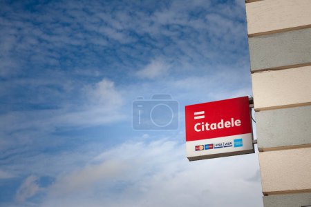 Photo for RIGA, LATVIA - AUGUST 21, 2023: Citadele bank logo on their local office in Riga. Citadele banka, is a Latvian retail banking institution spread in Baltic states. - Royalty Free Image