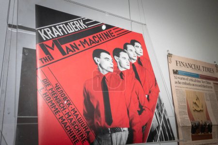 Photo for BELGRADE, SERBIA - FEBRUARY 3, 2024: Kraftwerk man machine record and its album cover on display. Kraftwerk is a pioneer of industrial music and synthetizer. - Royalty Free Image