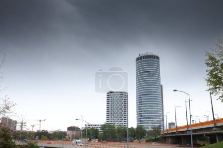 Photo for BELGRADE, SERBIA - OCTOBER 23, 2023: Skyline Belgrade towerin front of Mostar Gazela intersection. It's a mixed used business high rise skyscraper, and landmark of Belgrade, or Skyline AFI Tower. - Royalty Free Image