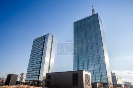 Photo for BELGRADE, SERBIA - JANUARY 24, 2024: Usce towers, Usce 1 and 2 in New Belgrade (Novi Beograd). These are a mixed used business high rise skyscraper, and a symbol and landmark of Belgrade. - Royalty Free Image