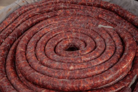 Selective blur on a spiral sausage, a Coiled fresh Serbian sausage, traditional Balkan market meat delicacy, raw and savory, ready for cooking.