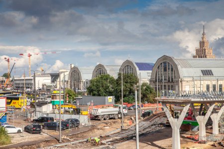 Photo for RIGA, LATVIA - AUGUST 19, 2023: Rail Baltica construction site in front of Centraltirgus, Riga central market. Rail Baltica is a railway project to link Baltic countries by high speed rail by 2030. - Royalty Free Image