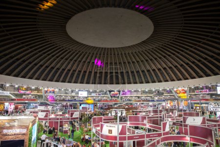 Photo for BELGRADE, SERBIA - OCTOBER 21, 2023: Panorama of the of Hall 1 of Belgrade Fair Ground, called Beogradski Sajam. It is the an exhibition fair, used for events like Belgrade Wine Fair, Sajam Vina. - Royalty Free Image