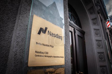 Photo for RIGA, LATVIA - AUGUST 21, 2023: Logo of Nasdaq on their local office for Latvia in Europe in Riga. Nasdaq or national association of securities dealers automated quotations is american stock exchage. - Royalty Free Image