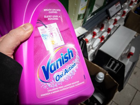 Photo for BELGRADE, SERBIA - FEBRUARY 12, 2024: Vanish oxi action logo on a detergent bottle for sale in Belgrade. Vanish is a brand stain remover detergent cleaning products from reckitt benckiser. - Royalty Free Image