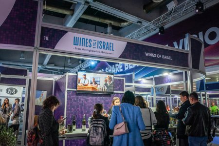 Téléchargez les photos : BELGRADE, SERBIE - 22 OCTOBRE 2023 : Stand promouvant les vins d'Israël dans un magasin de vins de Belgrade, Serbie, vendant du vin israélien. israël est le principal producteur de vin du Moyen-Orient. - en image libre de droit