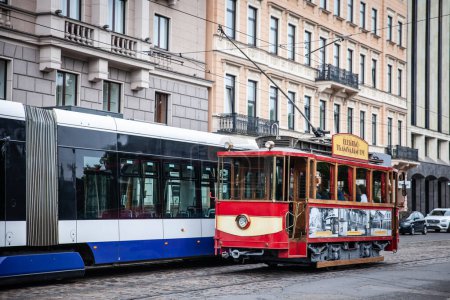 Photo for RIGA, LATVIA - AUGUST 25, 2023: Vintage historical legacy antique tram in the streets of Riga city center. Riga tram, operated by Rigas Satiksme, is part of the riga tram public transportation system. - Royalty Free Image
