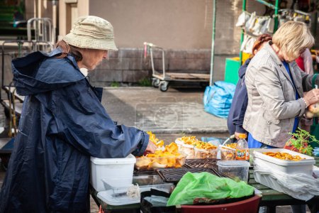 Foto de RIGA, Letonia - 20 de agosto de 2023: Anciana, vendedora senior, vendiendo setas silvestres, principalmente cantarelas, en Centraltirgus, el principal mercado de Riga, en verano. Setas silvestres son muy vendidos en Lavtia. - Imagen libre de derechos