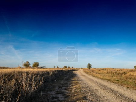 Panorama of a gravel road, a dirtpath in Dolovo, in the serbian countryside, in autumn, surrounded by dry grass fields. It's a symbol of Serbian and central european agriculture.