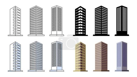 Tower apartment, city office building, luxury hotel. Three-dimensional vector illustration icon material set