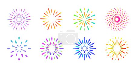 Illustration for Colorful Japanese fireworks icon mark, radial light, ray vector illustration transparent background material set - Royalty Free Image